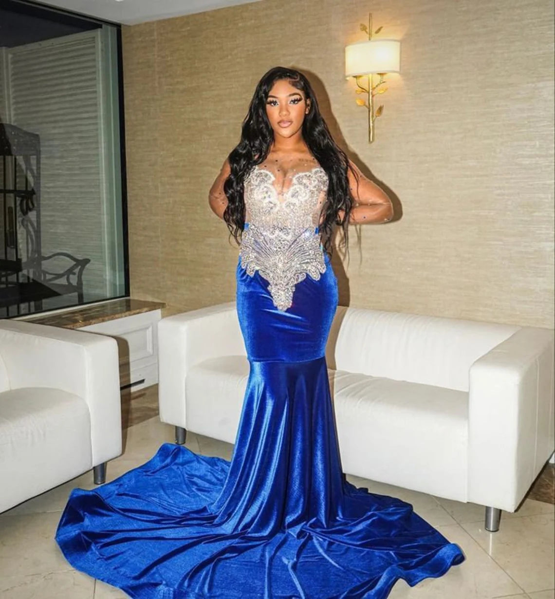 Women's Elegant Outfit Blue Velvet Embellished Mermaid Dress, Sleeveless Dress,Long Prom Dress, Wedding Dress, Black Girl Dress,Reception Dress,Free Shipping