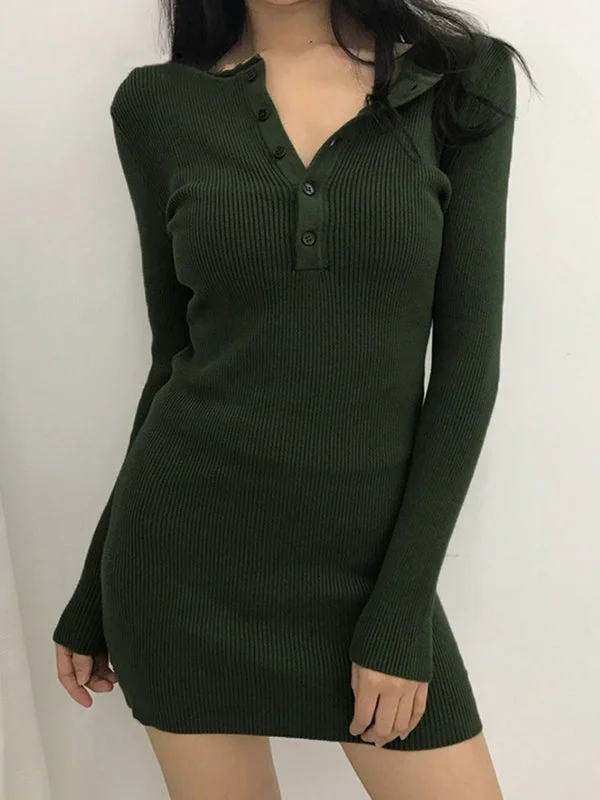 Women's Layered Outfit Button Front Ribbed Knit Long Sleeve Mini Dress