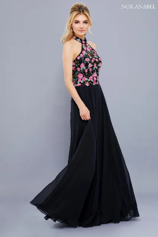 Classic Women's Clothing Styles Long Halter Floral Bodice Formal Evening Gown