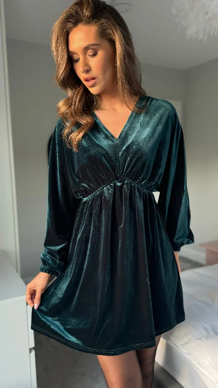 Women's Elegant Formal Outfit Triana Forest Green Velvet V Neckline Mini Dress