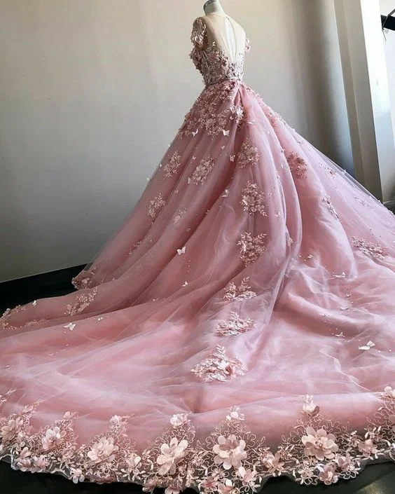 Classic Women's Clothing Styles Pink 3D Flowers With Court Train,Pink Ball Gown  Wedding Dress Bridal Gown Y1406