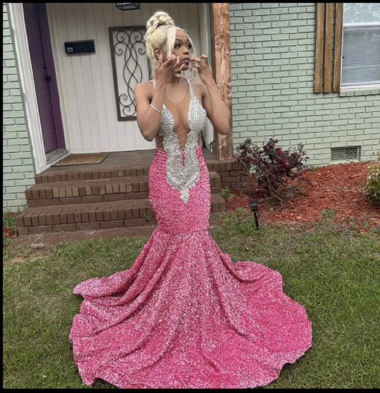 Women's Professional Outfit Pink Embellished Mermaid Dress, Sleeveless Dress,Crew neck,Long Prom Dress,Black girl dress,Wedding Dress, Reception Dress,Free Shipping