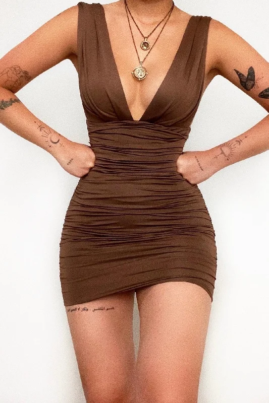 Fashionable Women's Outfit Dating Profile Mini Dress - Brown