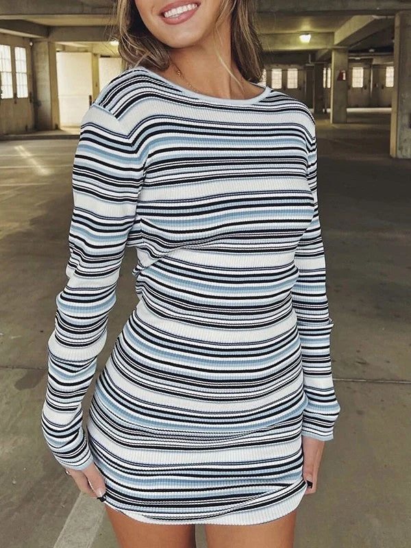 Women's Comfy Loungewear Outfit Backless Long Sleeve Striped Knit Mini Dress