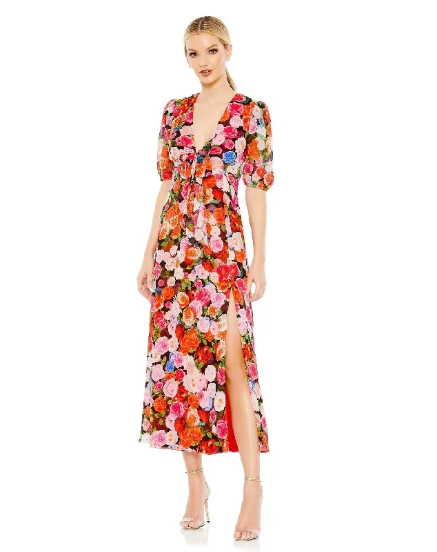 Women's Athletic Clothes Mac Duggal 55626 Formal Floral Print Chiffon Midi Dress