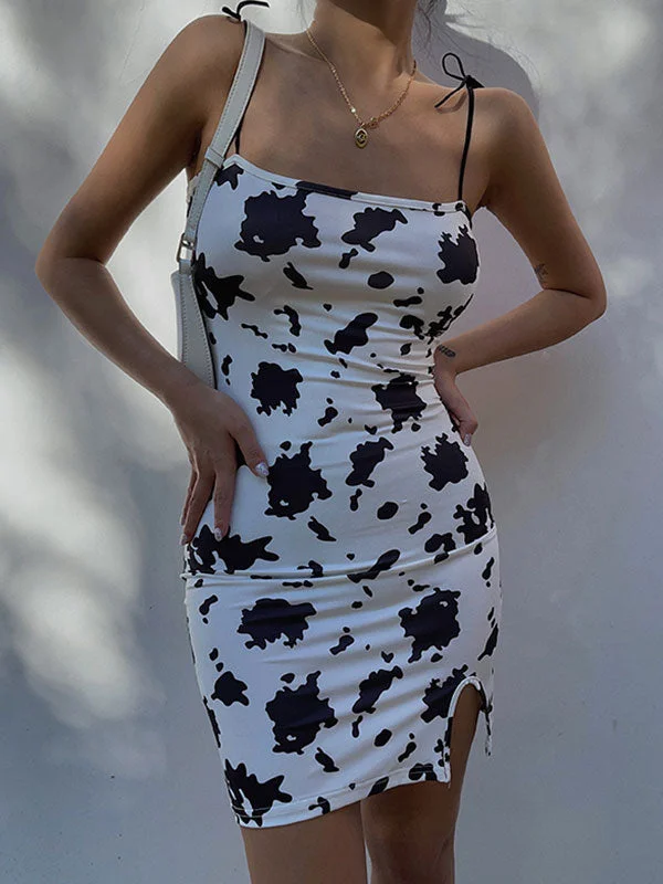 Women's Trendy Outfit Cow Print Tie Strap Mini Dress