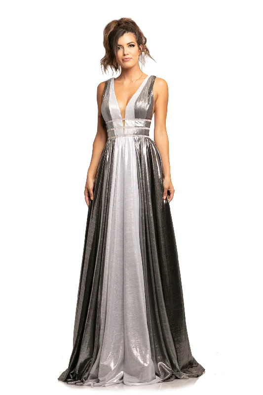 Women's Clothing For Work Johnathan Kayne 2008 Size 10 Silver/Multi Metallic Shimmer Prom Dress Plunging Neckline Pageant Gown