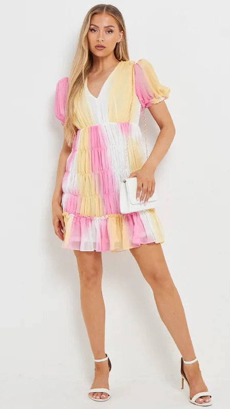 Women's Outerwear Garments Campbell Pink & Yellow Puff Sleeve Mini Dress