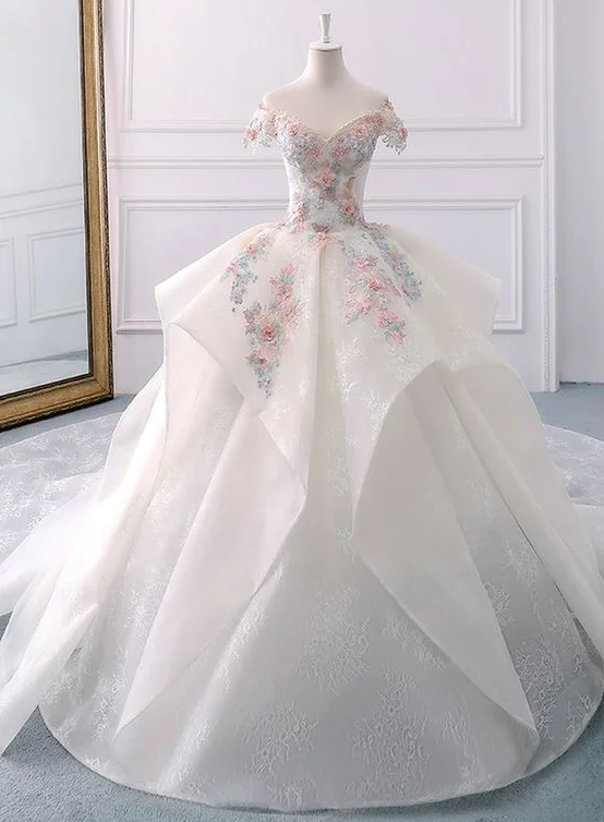 Women's Holiday Clothing Stunning Off The Shoulder Flower Ball Gown Lace Wedding Dress Y1145