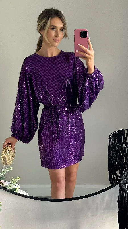 Women's Plus-Size Attire Alyona Purple Sequin Wide Sleeve Mini Dress