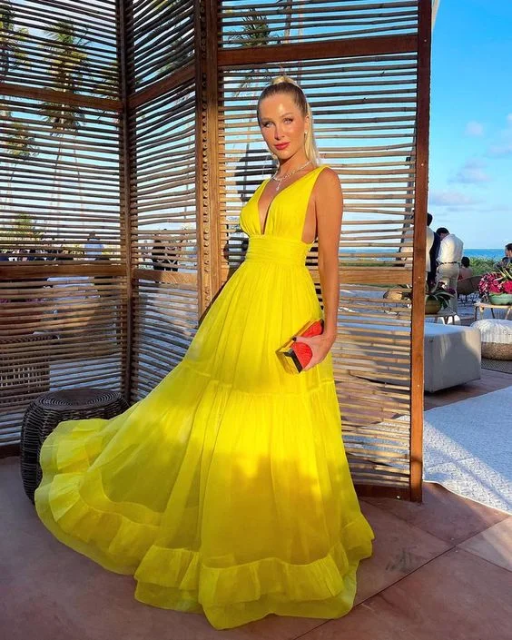 Women's Fashionable Clothing Sets Charming A Line V Neck Yellow Chiffon Long Prom Dresses, Wedding Guest Dresses Y1306