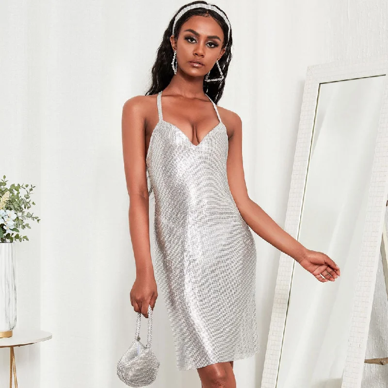 Women's Apparel And Garments Sparkling Sleeveless Crisscross Open Back Party Mini Dress - Silver