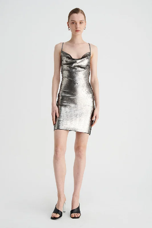Formal Clothing For Women Luna Cowl Neck Mini Dress - Silver