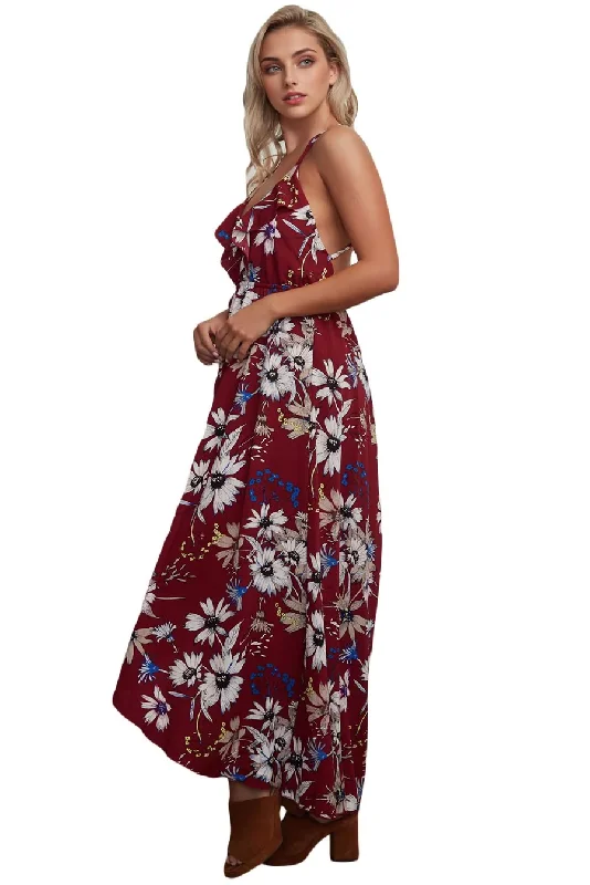 Women's Clothes And Apparel JuliaFashion-Burgundy Floral Chiffon Spaghetti Straps Maxi Dress