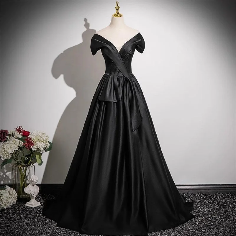 Women's Holiday Outfit Black Satin Prom Dress Vneck Gown Elegant Black Dress Satin A-line Dress Stunning Party Dress Minimalist Wedding Dress Simple Birthday Dress