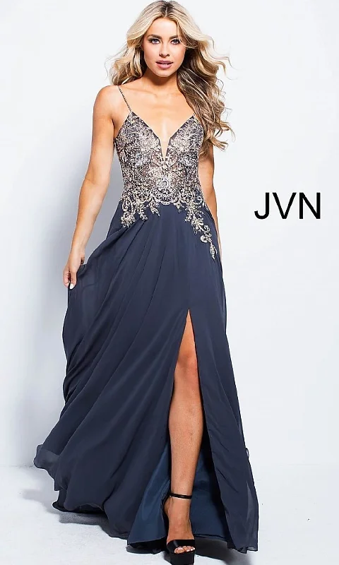 Women's Stylish Casual Garments Jovani JVN 55885 Size 6 Navy v neckline flow Prom Dress Pageant Gown with slit