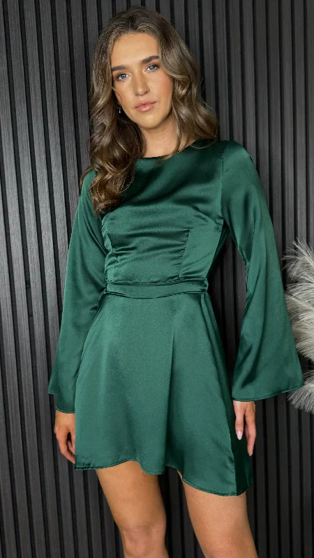 Classic Women's Clothing Styles Kit Forest Green Long Sleeve Mini Dress