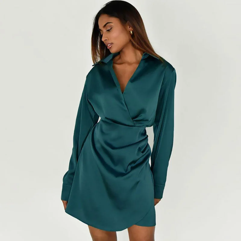 Women's Trendy Attire V Neck Long Sleeve Shirt Mini Dress - Teal Green