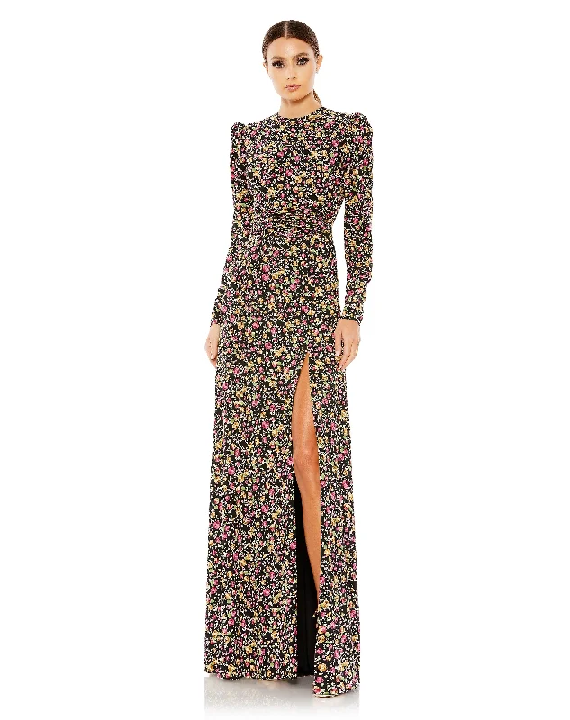 Women's Stylish Professional Garments Mac Duggal 26916 Long Sleeve Floral Print Formal Dress