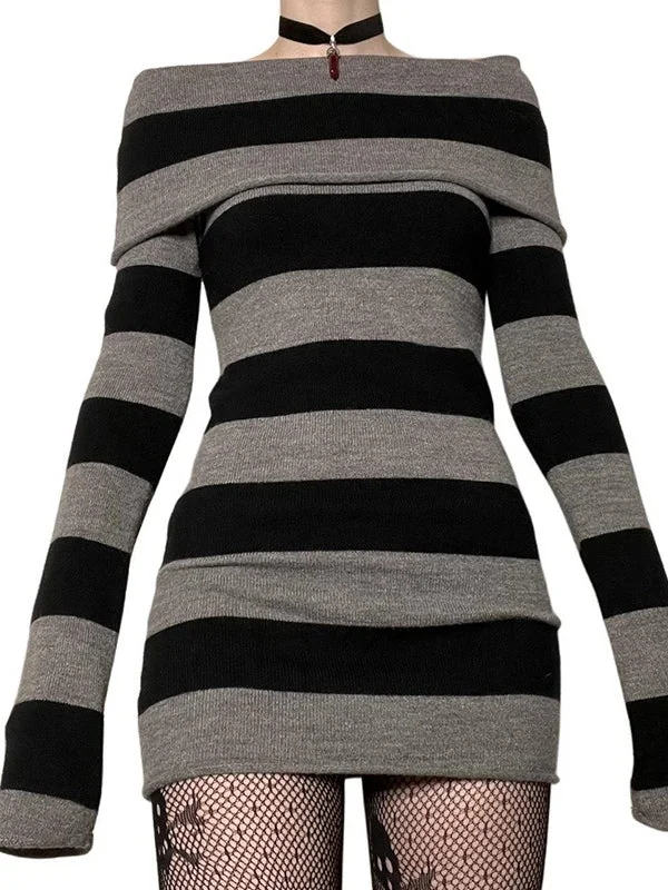 Women's Plus-Size Clothes Off Shoulder Long Sleeve Striped Knit Mini Dress