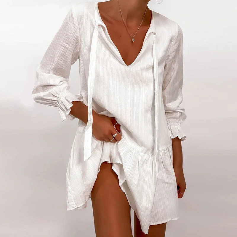 Women's Comfy Attire For Lounging Flowy Textured Tie Front Ruffle Long Sleeve Babydoll Mini Dress - White