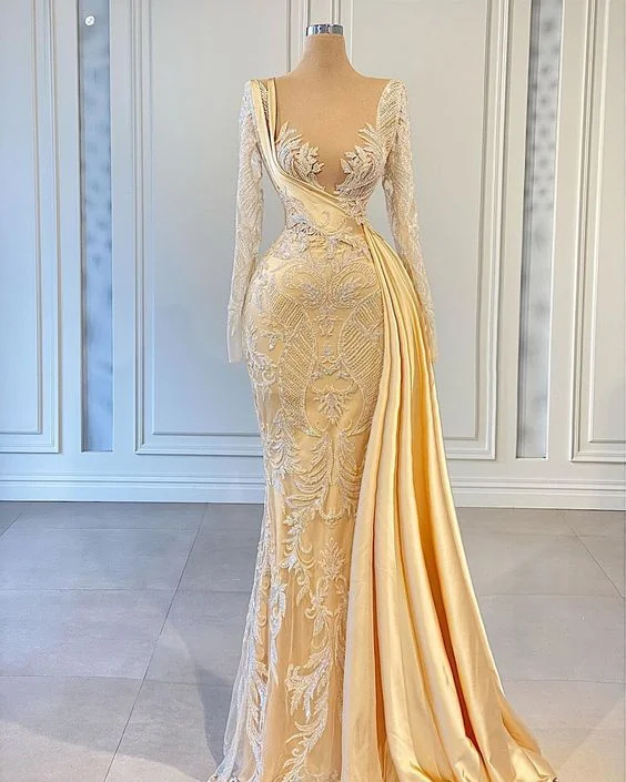 Stylish And Comfortable Clothing For Women Elegant Hot Yellow Applique Long Sleeves Wedding Dresses Women Formal Pageant Dress Y899