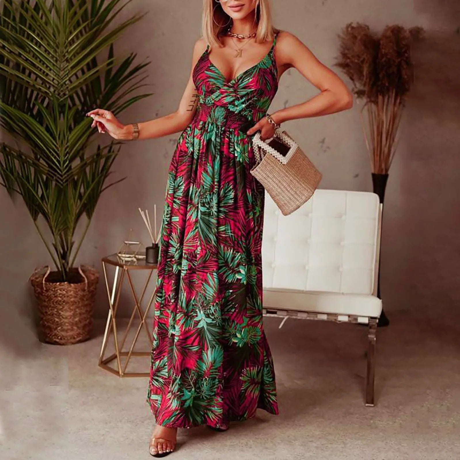 Women's Professional Apparel JuliaFashion - Sexy Spaghetti Strap Floral Print Boho Maxi Women 2024 Summer Casual Beach Robe Elegant V-Neck Backless Long Dress