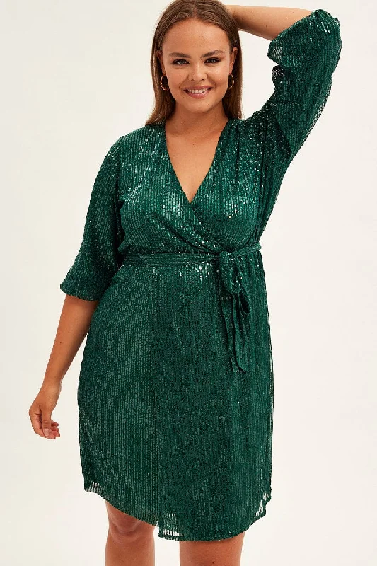 Women's Elegant Clothes Green Metallic Sequin Mini Dress