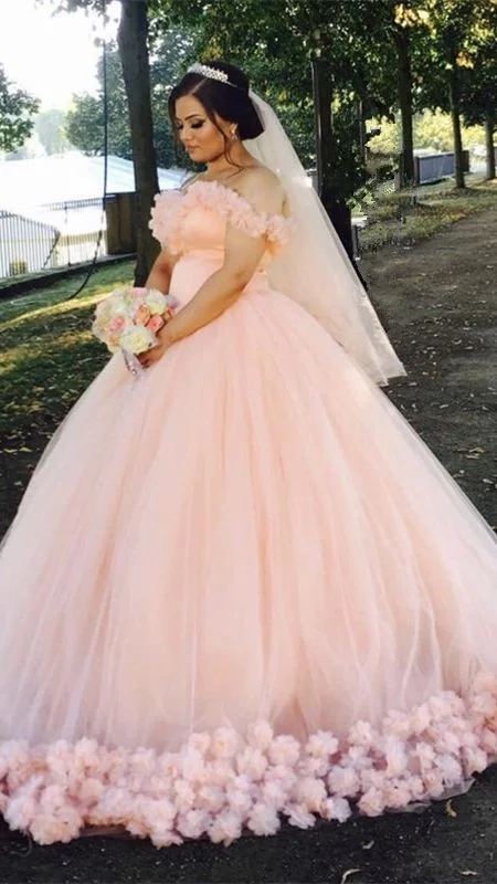 Women's Vacation Outfit Off The Shoulder Hand Made Flowers Wedding Dress Tulle Wedding Dress Y474