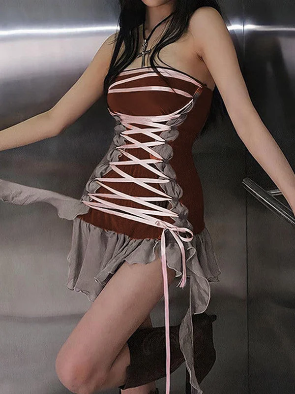 Women's Casual Wear Clothes Mesh Paneled Tie Strap Bandeau Mini Dress