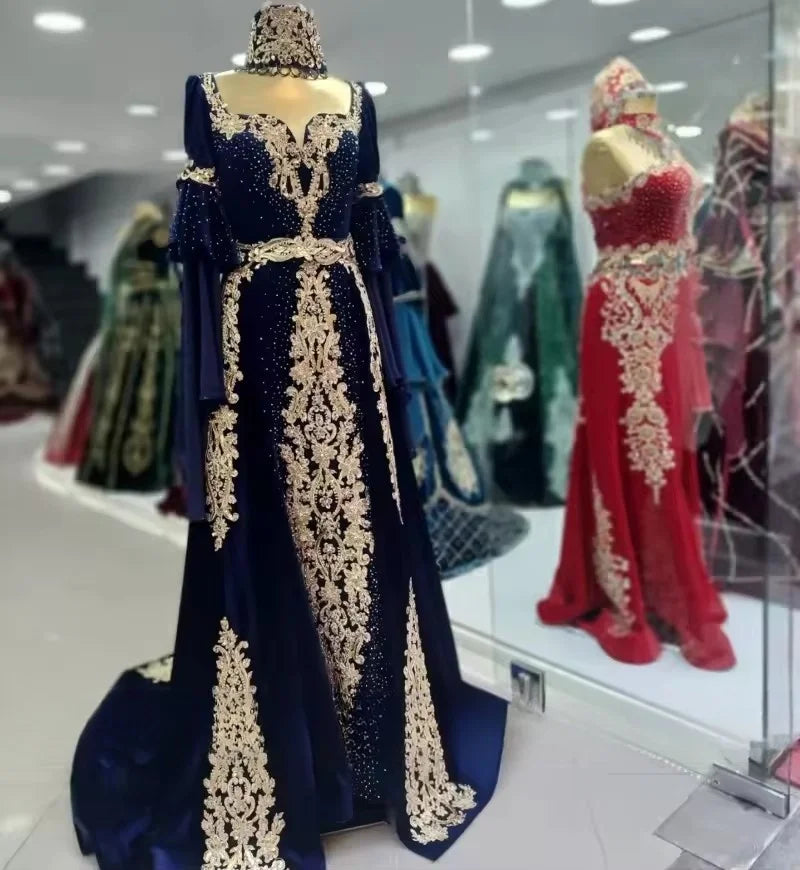 Affordable Women's Outfit Traditional Morocco Navy Blue Evening Dresses For Women Velvet Caftan Prom Gowns Customized Algerian Wedding Party Dress