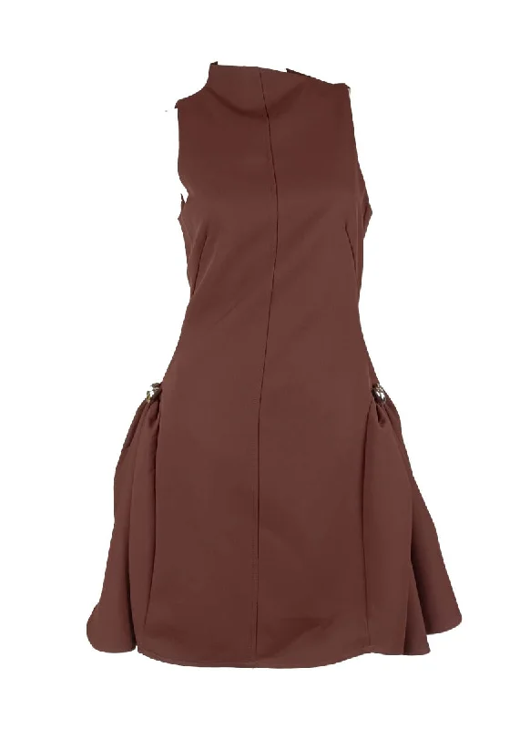 Timeless Women's Clothing D240035 Asymmetrical Flared Mini Dress *Brown