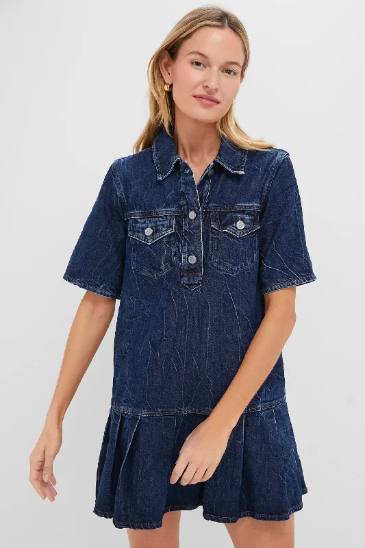 Timeless Women's Apparel Mid Blue Stone Crinkled Future Denim Mini Dress