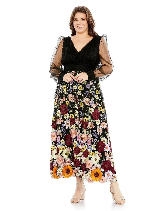 Women's Sporty Clothes Mac Duggal 68205 Fabulouss Plus Size Floral Tea Length Dress