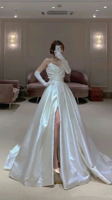 Women's Workout Clothing Elegant White Satin Wedding Dress,Simple White Bridal Dress Y1927