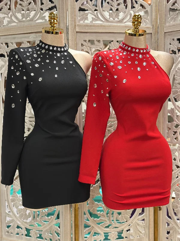 Classic Clothes For Women Elarged Rhinestone One Sleeve Mini Dress- Slightly Stretchy,Estira Poco