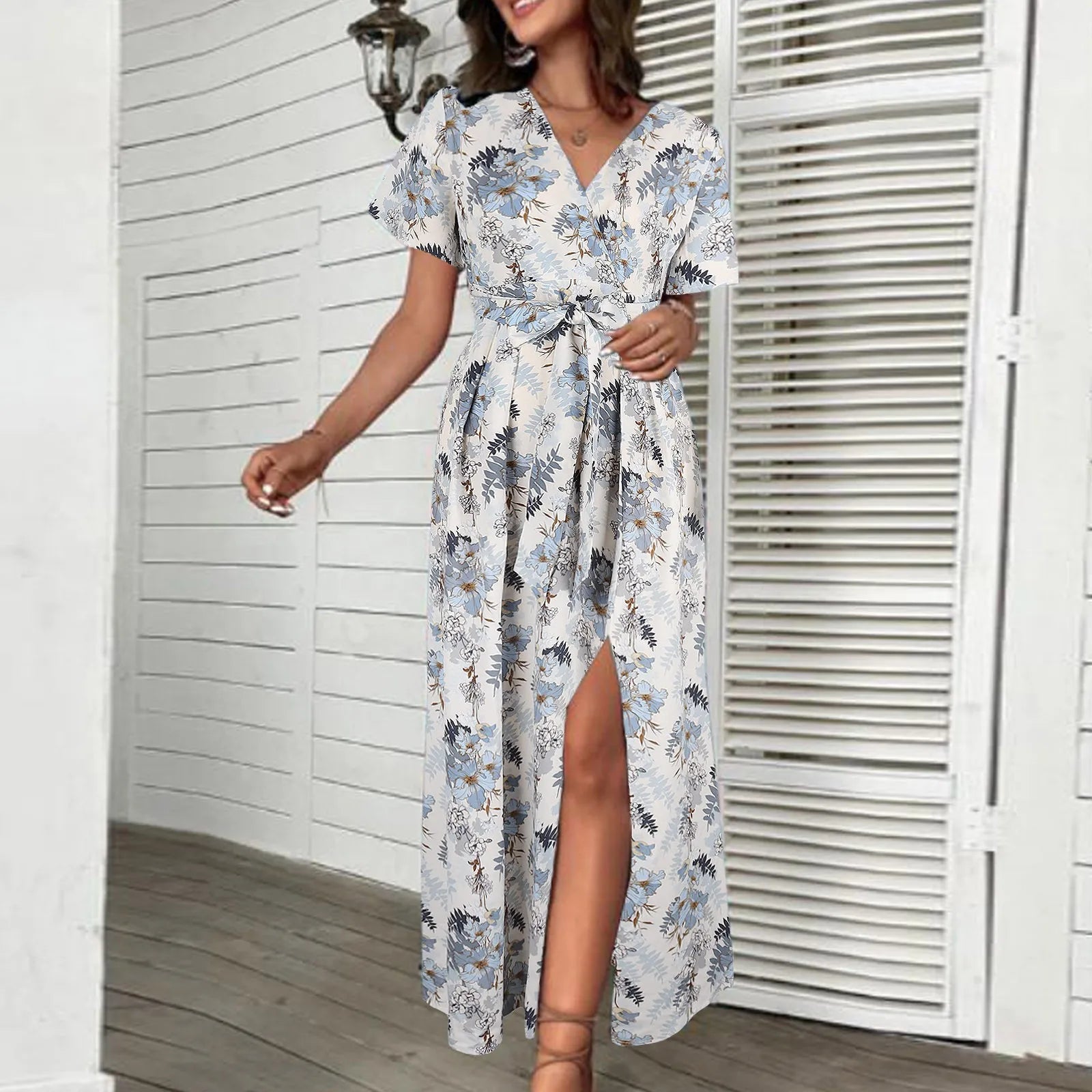 Stylish Women's Outerwear Apparel Summer Chiffon Floral Printed Belt For Women 2024 Casual Short Sleeve V Neck Holiday Bandage High Split Party Dress