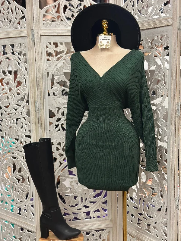 Women's Occasion Wear Clothes Forest Green Wrapped Sweater Mini Dress- Stretchy,Estira