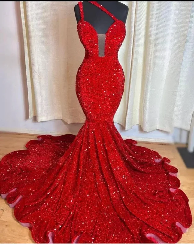 Women's Layered Outfit Long Seqins Red Mermaid Dress, Sleeveless Dress,Long Prom Dress, Wedding Dress, Black girl dress,Reception Dress,Free Shipping