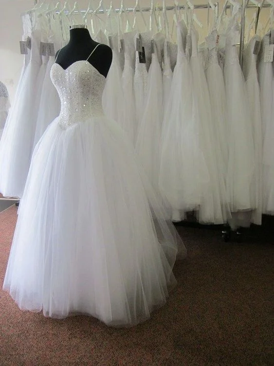 Women's Urban Clothing White Tulle Spaghetti Straps Wedding Dress with Sequins Beading Y1176