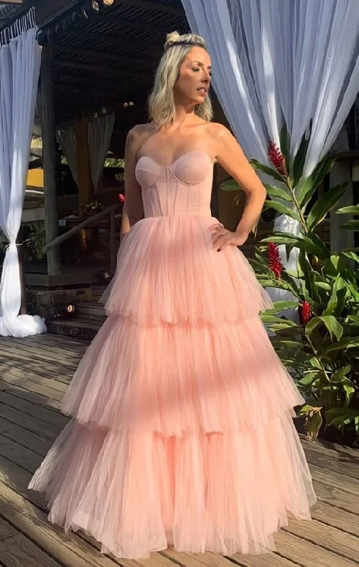 Women's Occasion Wear Clothing Modest Pink Strapless Tiered Tulle Prom Dress, Pink Formal Prom Gown,Wedding Reception Dress Y1051