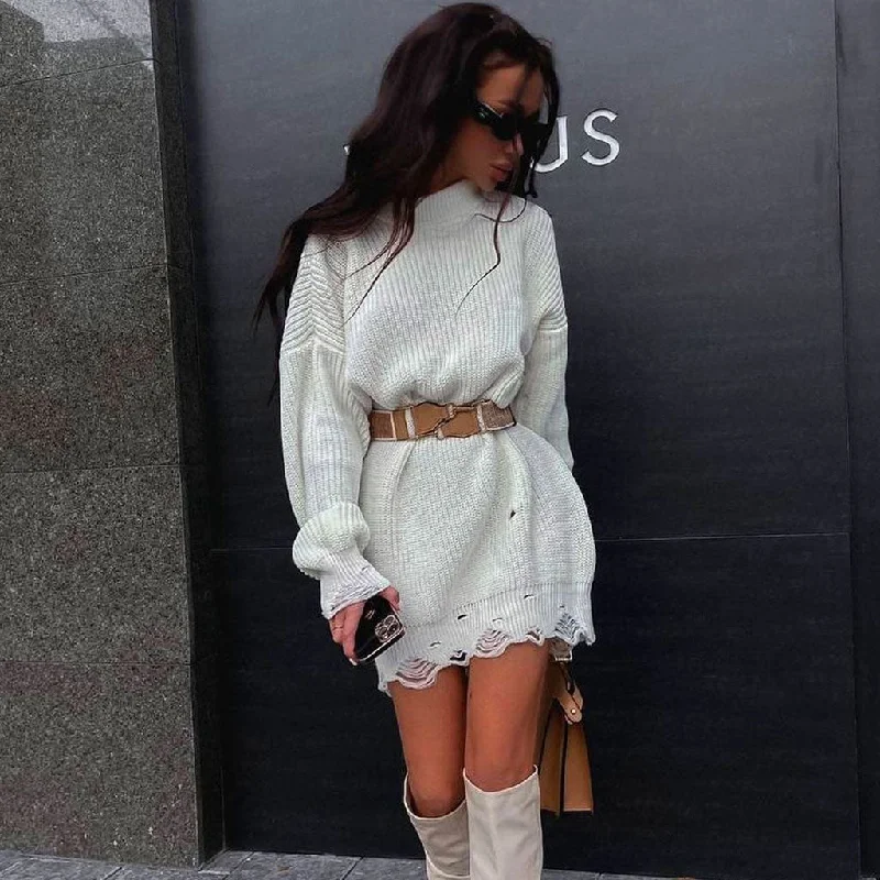 Women's Outerwear Garments Distressed Trim Pullover Sweater Mini Dress - White