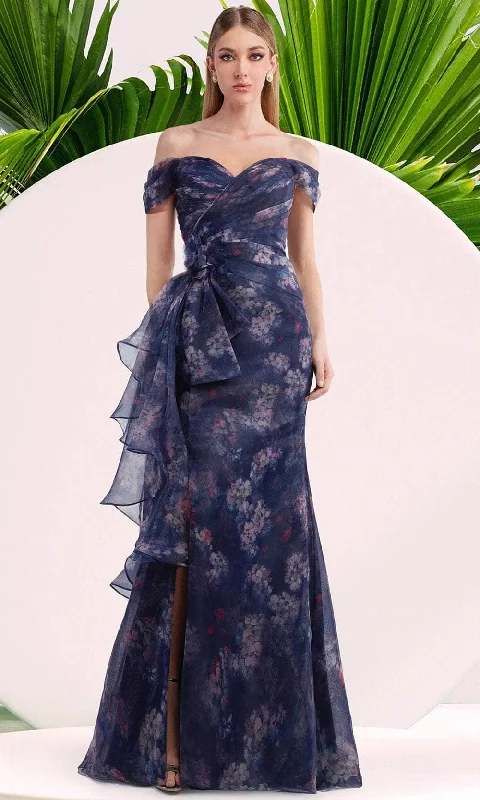 Women's Trendy Apparel Janique W3017 - Off-Shoulder Floral Print Prom Gown