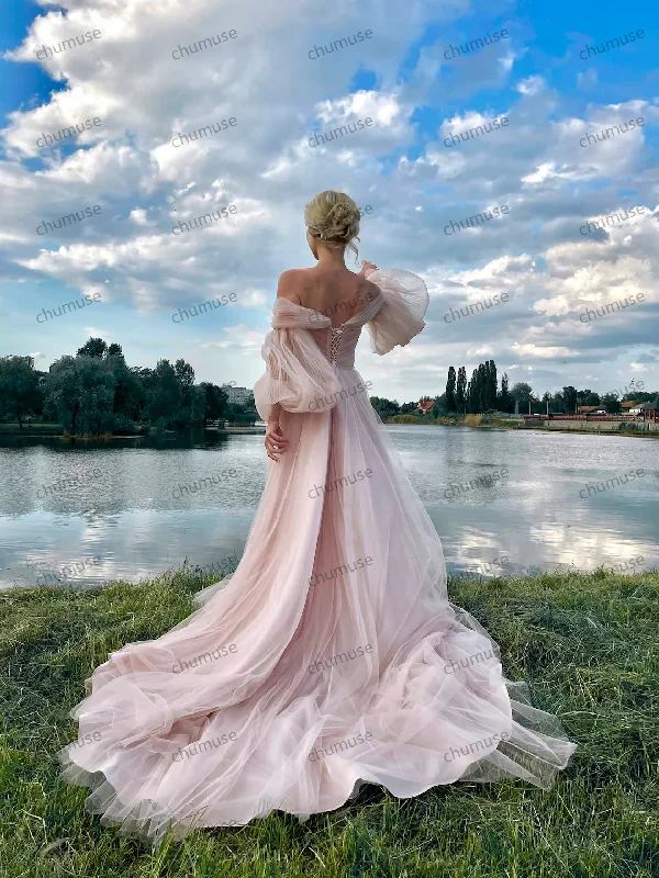 Women's Vacation Outfit Set Soft pink event dress,Puffy tulle dress with long train,Dresses with puff sleeves,Wedding Dress,Prom Dress,Pink dress for photo,corset dress