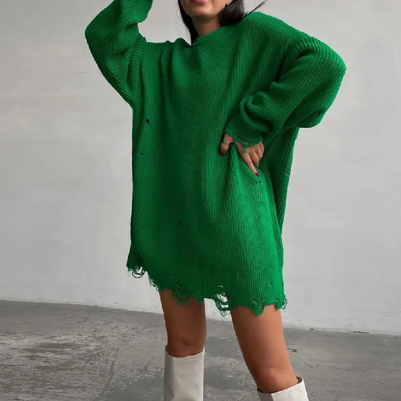 Women's Athletic Garments Distressed Trim Pullover Sweater Mini Dress - Emerald Green