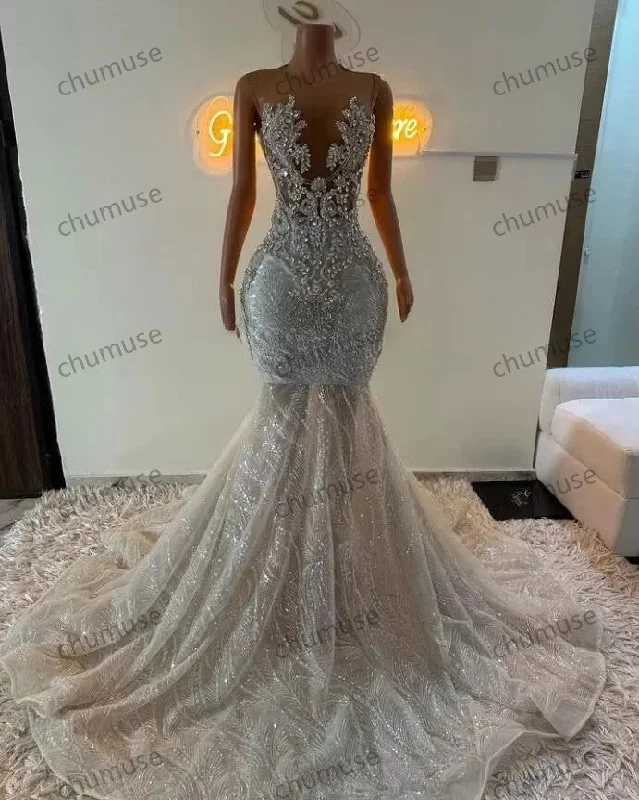 Women's Relaxed Outfit 2025 Arabic Aso Ebi Plus Size Illusion Mermaid Ivory Wedding Dress Beaded Sequined Lace Bridal Party Gowns