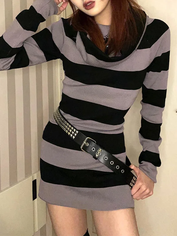 Women's Evening Clothes Off Shoulder Long Sleeve Striped Knit Mini Dress