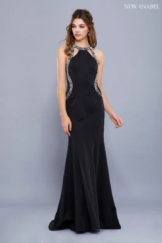 Stylish Outerwear Clothing For Women Long Halter Neck Embellished Formal Evening Dress