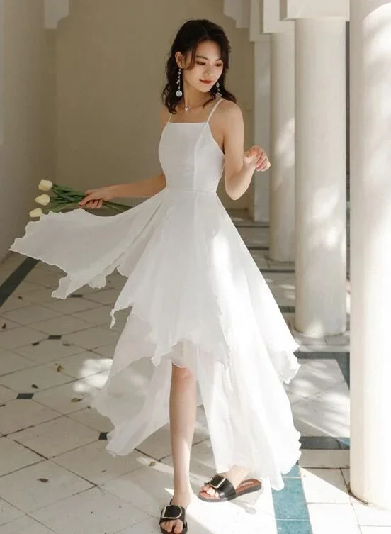 Women's Vintage-Inspired Clothing White Chiffon High Low Chic Simple Wedding Party Dress, White Short Prom Dress Graduation Dress Y985