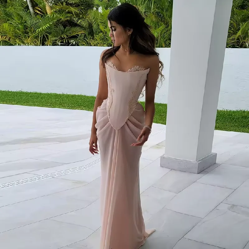 Stylish Women's Outfit Blush Pink Handmade Draped Chiffon Mermaid Evening Dresses Corset Beaded Wedding Formal Party Dress